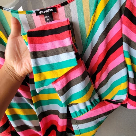 Express Spring Colorful Striped Blouse W/Strap Size S/P Short Sleeve V Neck NWT - Picture 7 of 10